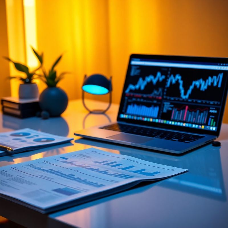Birou minimalist cu rapoarte financiare tipărite și un laptop cu grafice azurii
