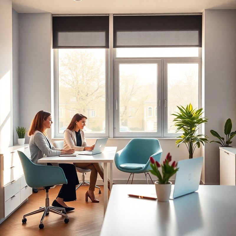 Echipă mică de trei consultanți într-un birou minimalist din Oradea, cu lumină naturală și accente azurii